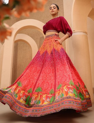 Maroon and orange raw silk crop top with lehenga