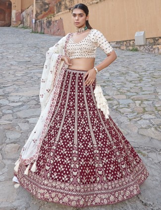 Gorgeous Maroon and White Georgette Lehenga Choli