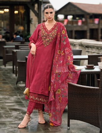 Maroon cotton kurti set with floral print dupatta