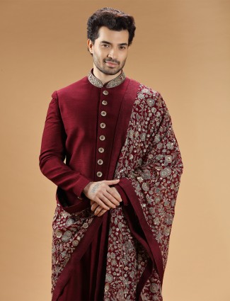 Regal maroon raw silk sherwani