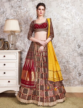 Maroon printed modal silk lehenga choli