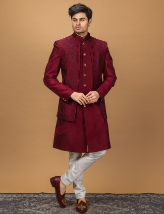 Regal maroon silk wedding indowestern