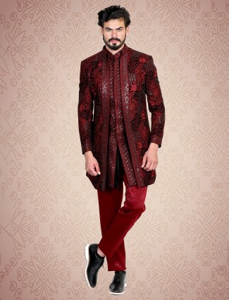 Maroon velvet indowestern with embroidery