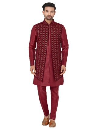 Maroon wedding indowestern for men in silk