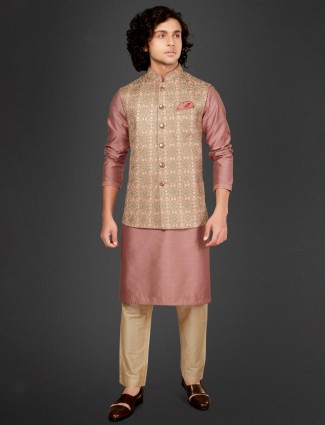 Cotton silk waistcoat set in mauve pink color