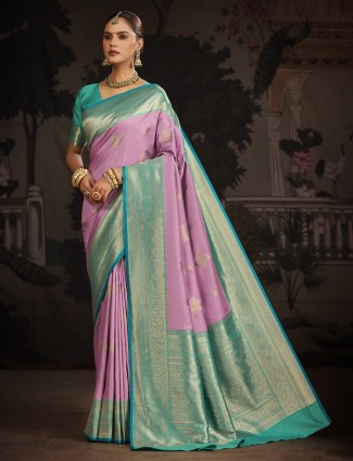 Mauve pink banarasi silk saree with contrast border