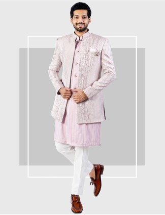 Mauve pink velvet wedding indowestern for men