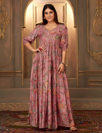 Mauve purple muslin printed long flare kurti