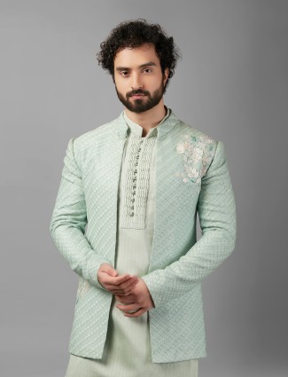 Mint green silk embroidery indowestern