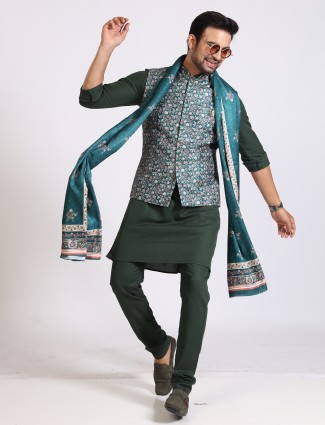 Moss green silk printed wasitcoat set