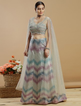 Multi color Net Lehenga Choli for Reception