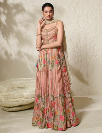 Multi color printed anarkali suit in silk