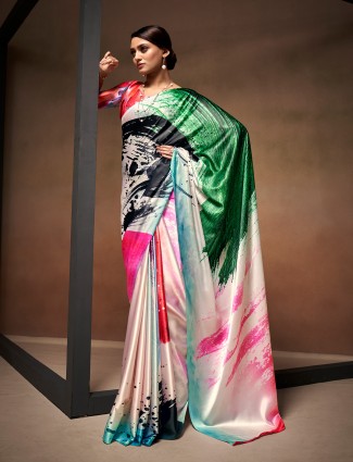 Multi color printed satin crepe saree