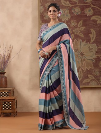 Muslin multi color stripe saree