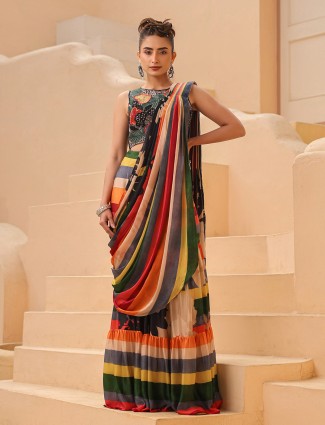 Multi color stripe ready to wear saree