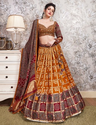 Mustard yellow and maroon printed lehenga choli