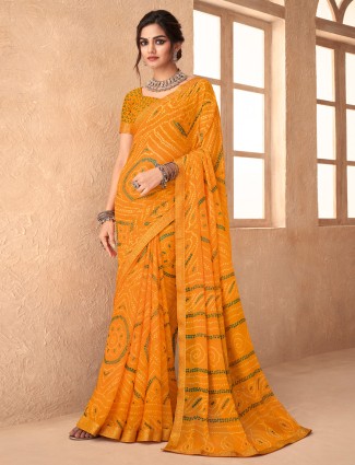 Mustard yellow chiffon printed saree