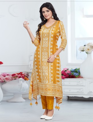 Mustard yellow dola silk printed kurti