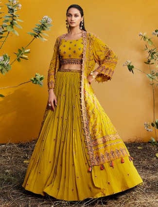 Latest mustard yellow jacket style lehenga choli