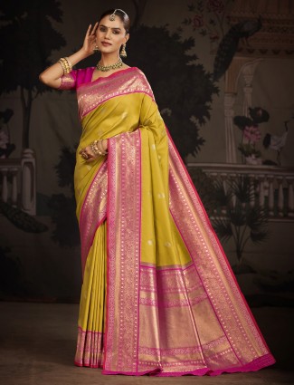 Mustard yellow banarasi silk saree