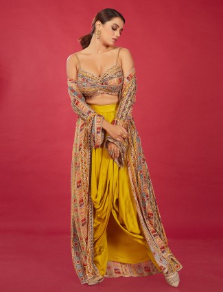 Mustard yellow silk designer suit with printed shrug