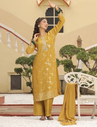 Latest mustard yellow silk kurti set