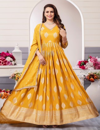 Mustard yellow floor length anarakli suit