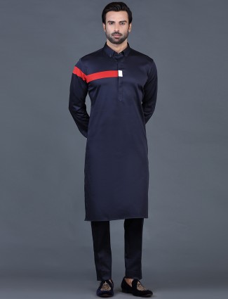 Navy blue cotton plain mens pathani suit