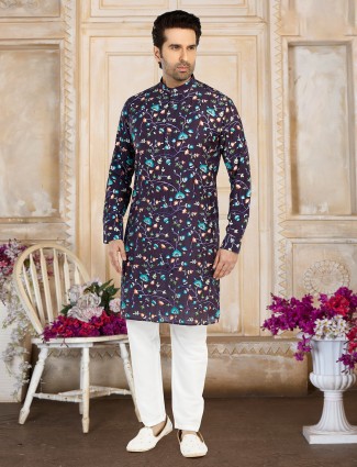 Navy embroidery kurta suit in cotton