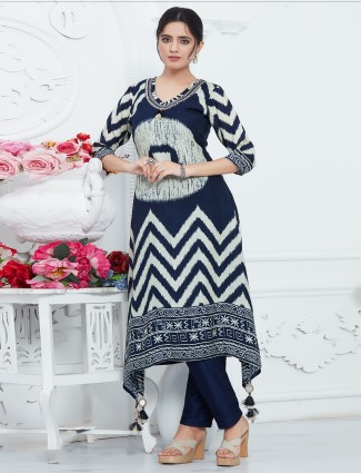 Printed navy dola silk kurti