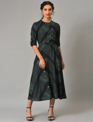 Navy Printed Rayon Cotton Long Kurti