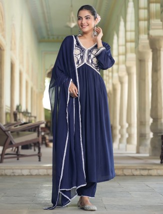 Navy embroidery silk kurti set