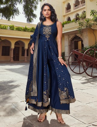 Silk navy front slit palazzo suit