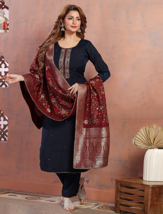 Navy silk salwar suit with contrast dupatta