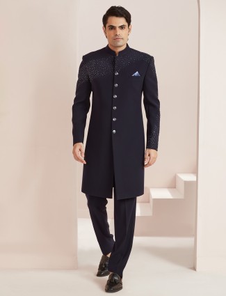Terry rayon navy indowestern for wedding wear