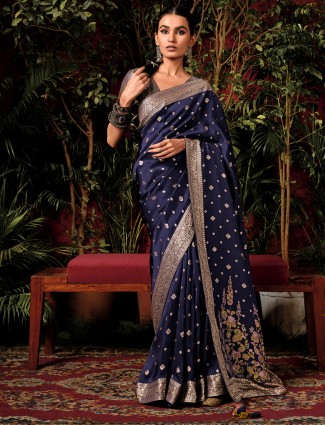 Stylish navy viscose dola silk saree