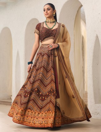 Stunning brown raw silk printed lehenga choli