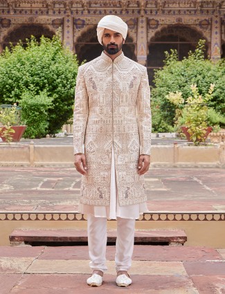 Newest cream raw silk sherwani