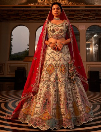 Cream raw silk lehenga choli for party