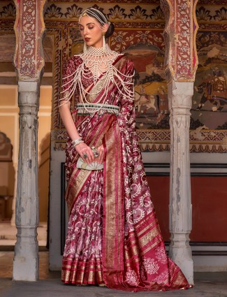 Maroon printed saree in silk