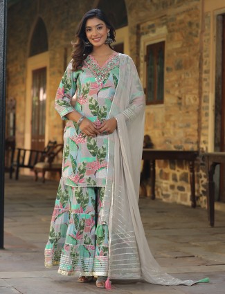 Multi color printed sharara suit in silk