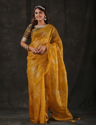 Mustard yellow saree in organza