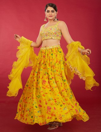 Yellow georgette floral printed lehenga choli