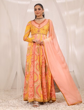 Classic yellow printed anarkali suit