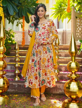 Off white and mustard yellow printed kurti set