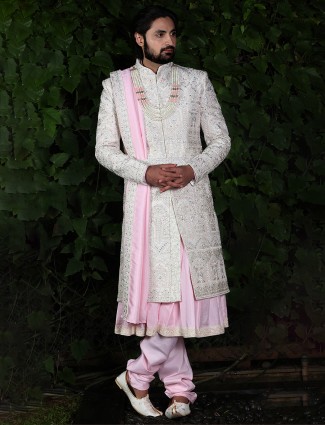 Off white and pink raw silk wedding sherwani