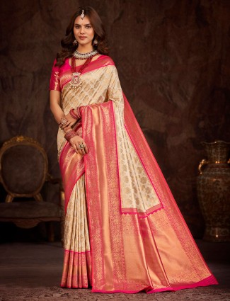 Off-white banarasi silk zari weaved saree