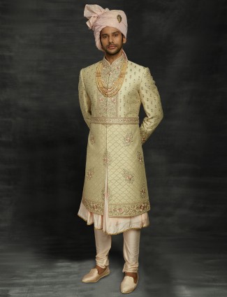 Wedding wear gold silk men sherwani