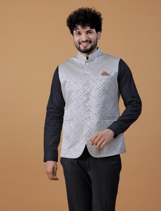 Off white silk zari woven waistcoat