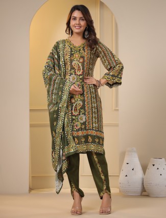 Printed olive cotton dhoti set